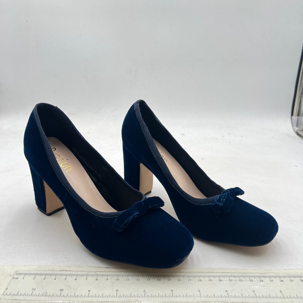 Chic Navy Suede Block Heel Pumps with Bow Accent - Picture 4 of 8